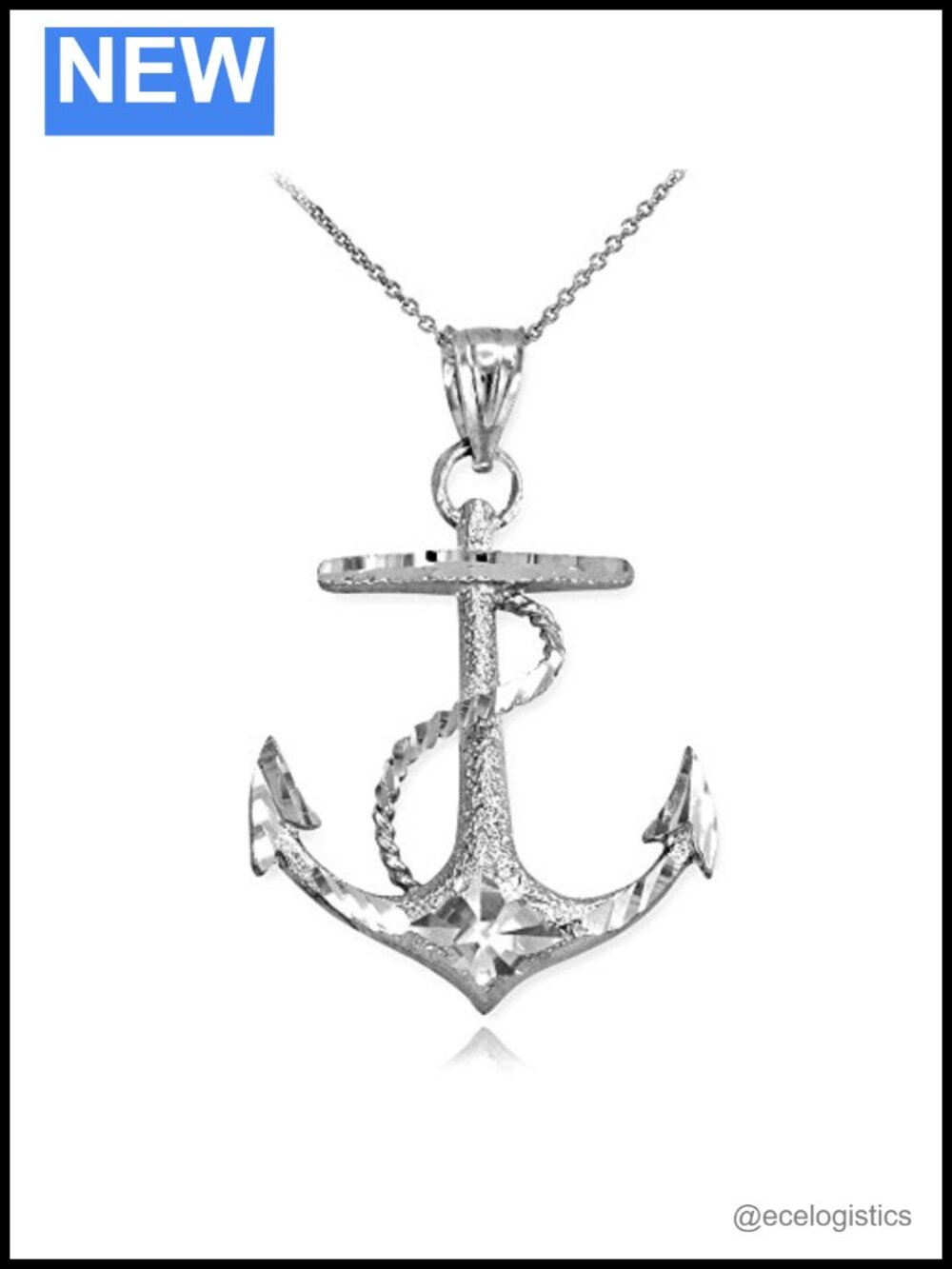 Sterling Silver Textured Fouled Anchor Pendant Necklace Rolo Chain